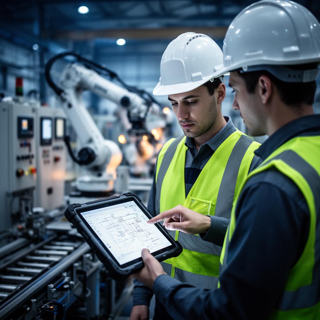 Inżynier Madar Electric witający klienta w hali produkcyjnej